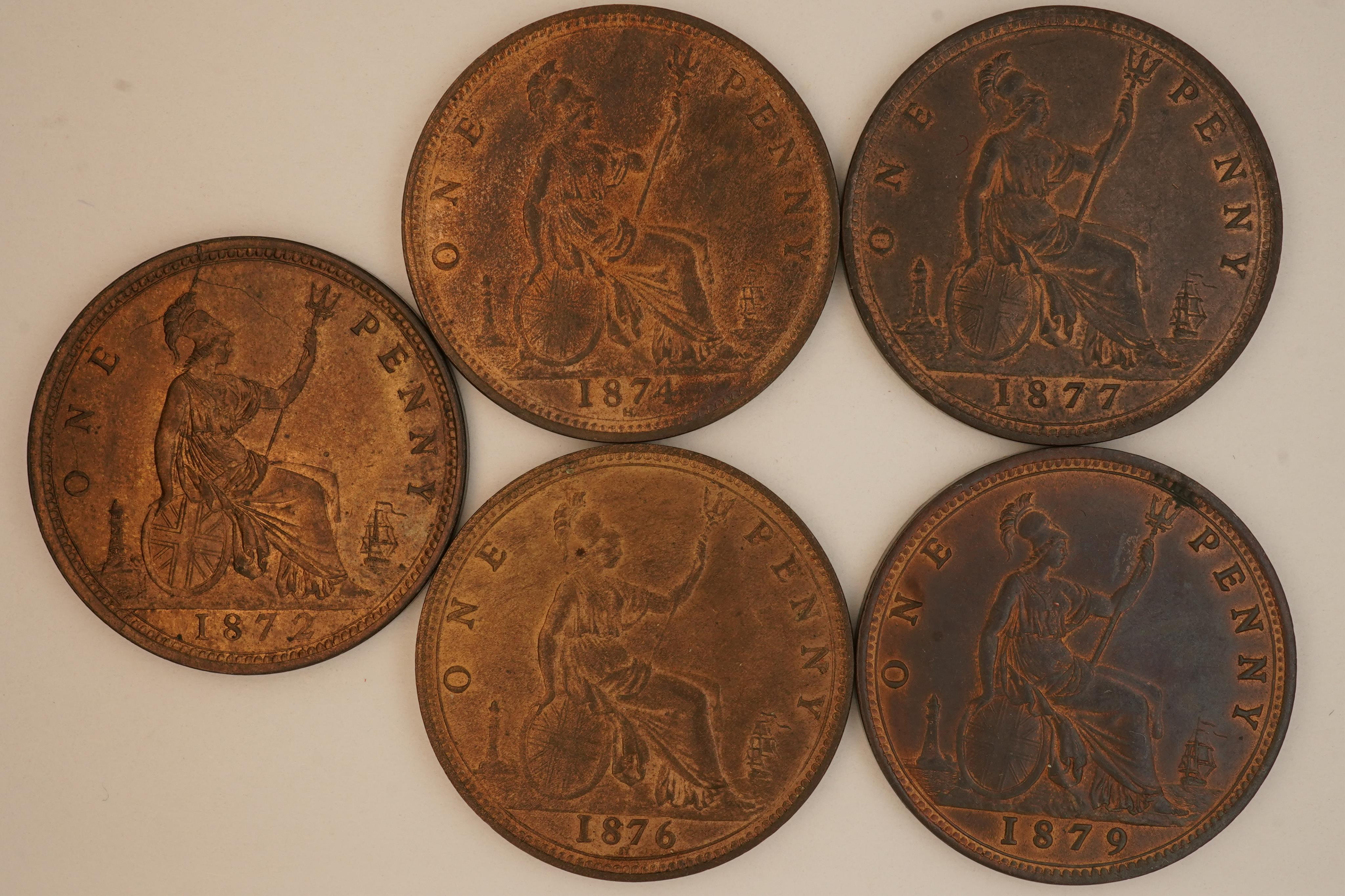 British coins, Victoria, five bronze pennies;, 1872, Fr. Gouby dies J/g, about EF, toned some lustre, 1874, H below small date, Fr. 73, Gouby dies K/j, aUNC, lustre, 1876, H below small date, Fr. 89, Gouby dies L/m, EF,